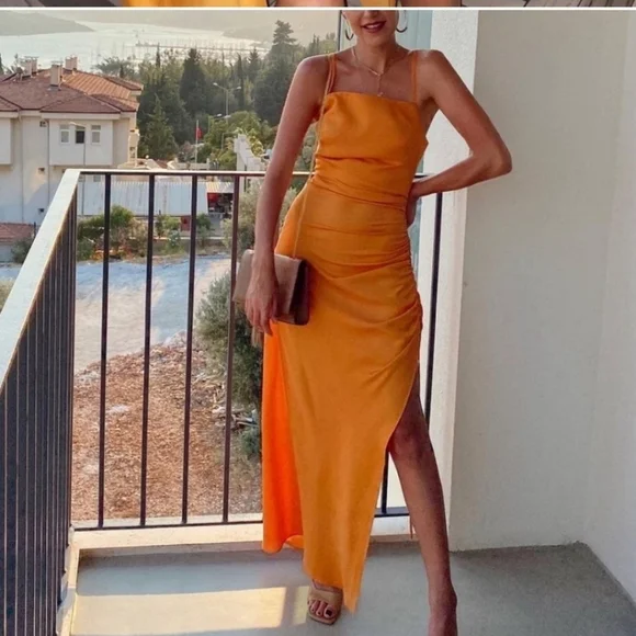 ZARA LONG SLIT DRESS ORANGE RUCHED SIZE XS - Picture 9 of 14